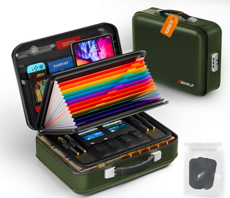 GOELF Fireproof Document Box with Lock, 5200°F Fireproof Water Resistant Hard Case File Organizer Safe Box for Important Documents, Certificates, Laptop, Passports (Green) - Image 1